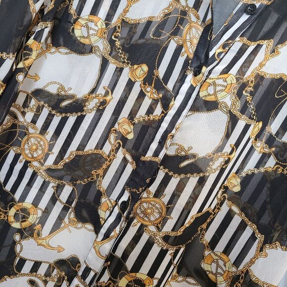 Forever 21 Nautical Black White Gold Sheer Long Sleeve Button Blouse Womens S - Picture 7 of 12